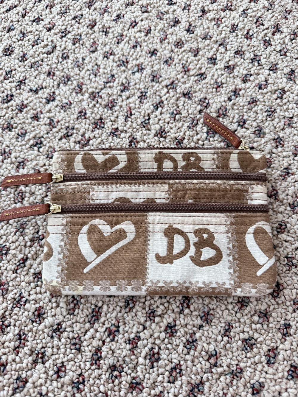 Dooney & Bourke Brown and Cream DB Heart Zip Pouch